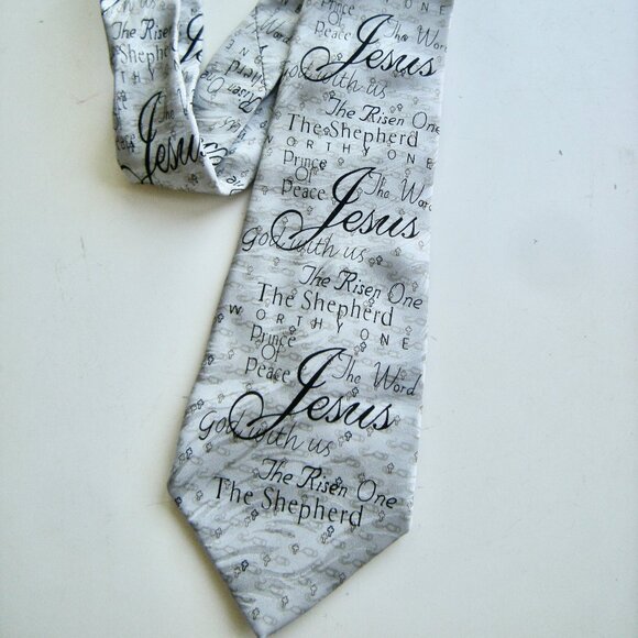 Jesus Silk Tie Christian Themed Light Gray - Picture 1 of 6